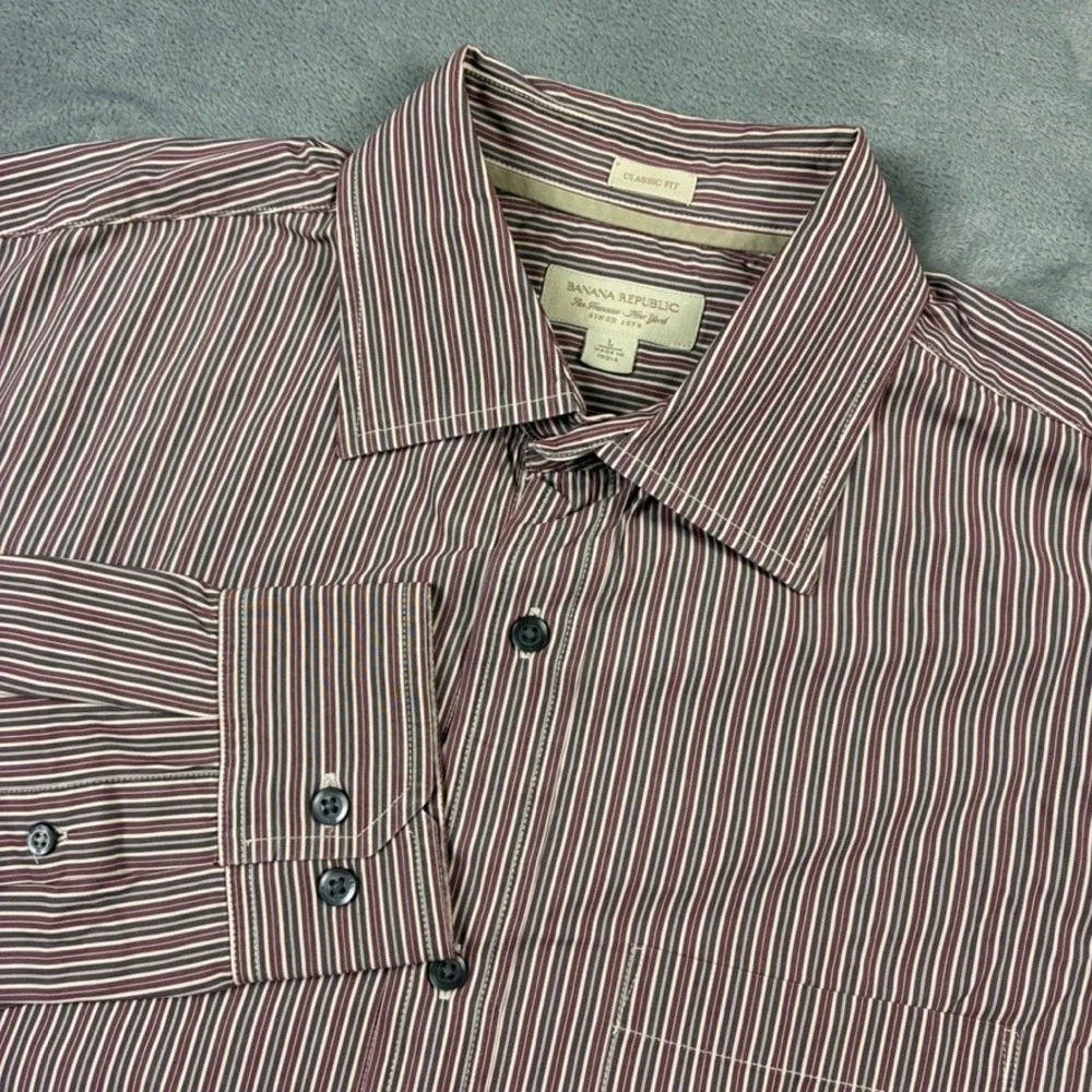 Banana‎ Republic Mens Large Classic Fit Striped Button Down Shirt Burgundy Brown